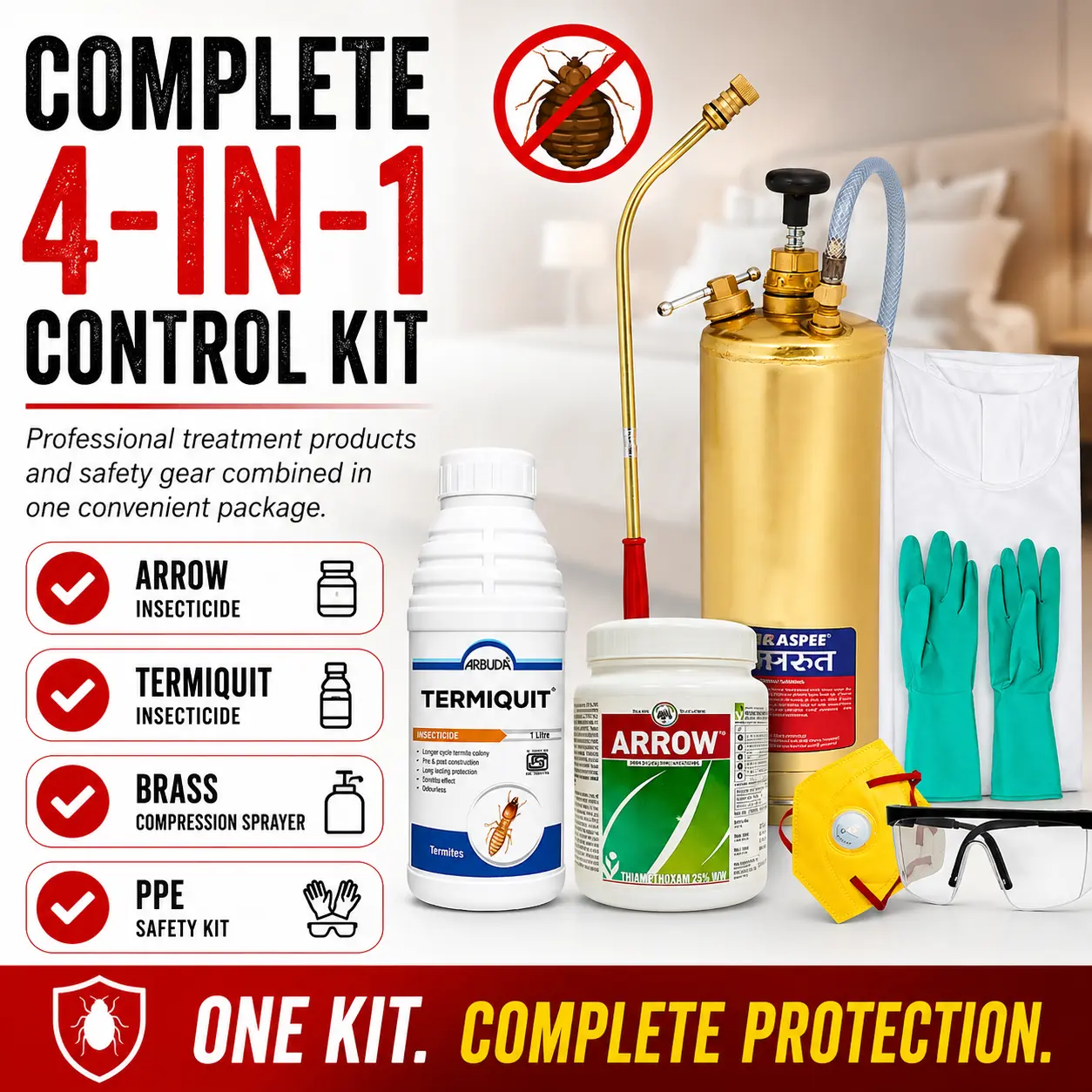 Bed Bugs Control Kit for Office & Factory with PPE Kit | Bed Bug Killer Combo with Arrow 25% WG 500g, Termiquit 30.5% SC 1L & 3.5L Marut Brass Pump
