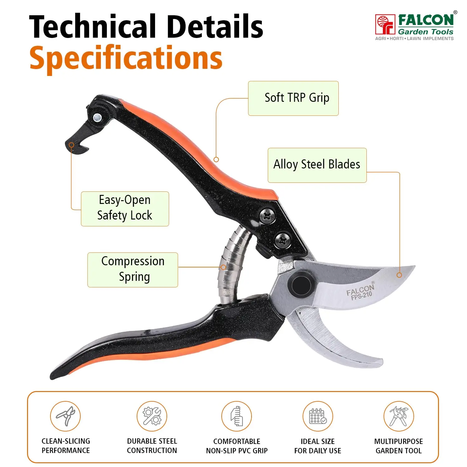 Falcon FPS-210 Steel Pruning Secateur | Garden Plant Cutter & Tree Trimmer for Home Gardening