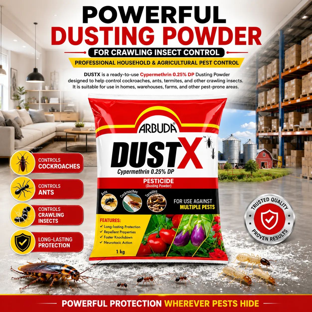 Dustx 1 Kg Pack of 2 | Cypermethrin 0.25% DP Dusting Powder for Cockroach, Ant & Crawling Insect Control | Household & Agricultural Pest Control