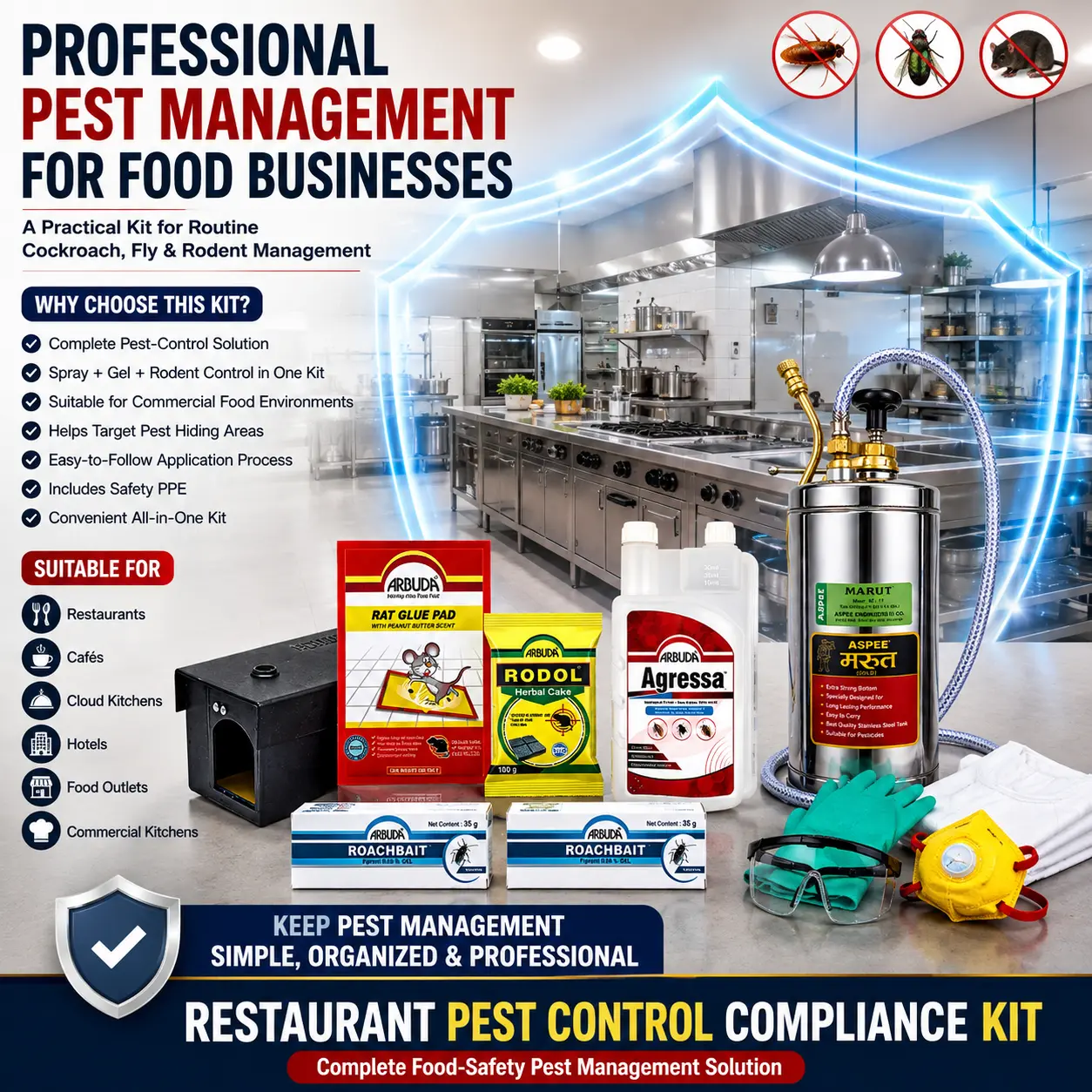 Restaurant Pest Control Compliance Kit | Commercial Cockroach, Fly & Rat Control Kit for Restaurants, Cloud Kitchens & Cafés | Complete Food Safety Pest Management Solution