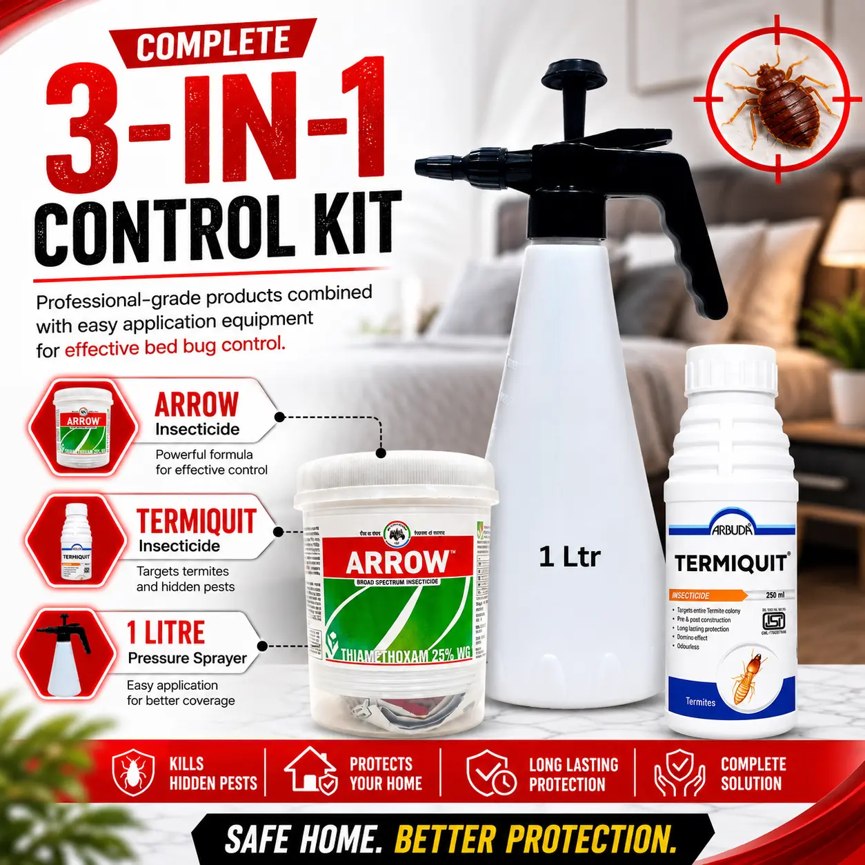 Bedbugs Control Kit for Home | Bed Bug Killer Combo with Arrow Thiamethoxam 25% WG, Termiquit Imidacloprid 30.5% SC & 1 Litre Pressure Sprayer | Complete Bed Bug Treatment Solution