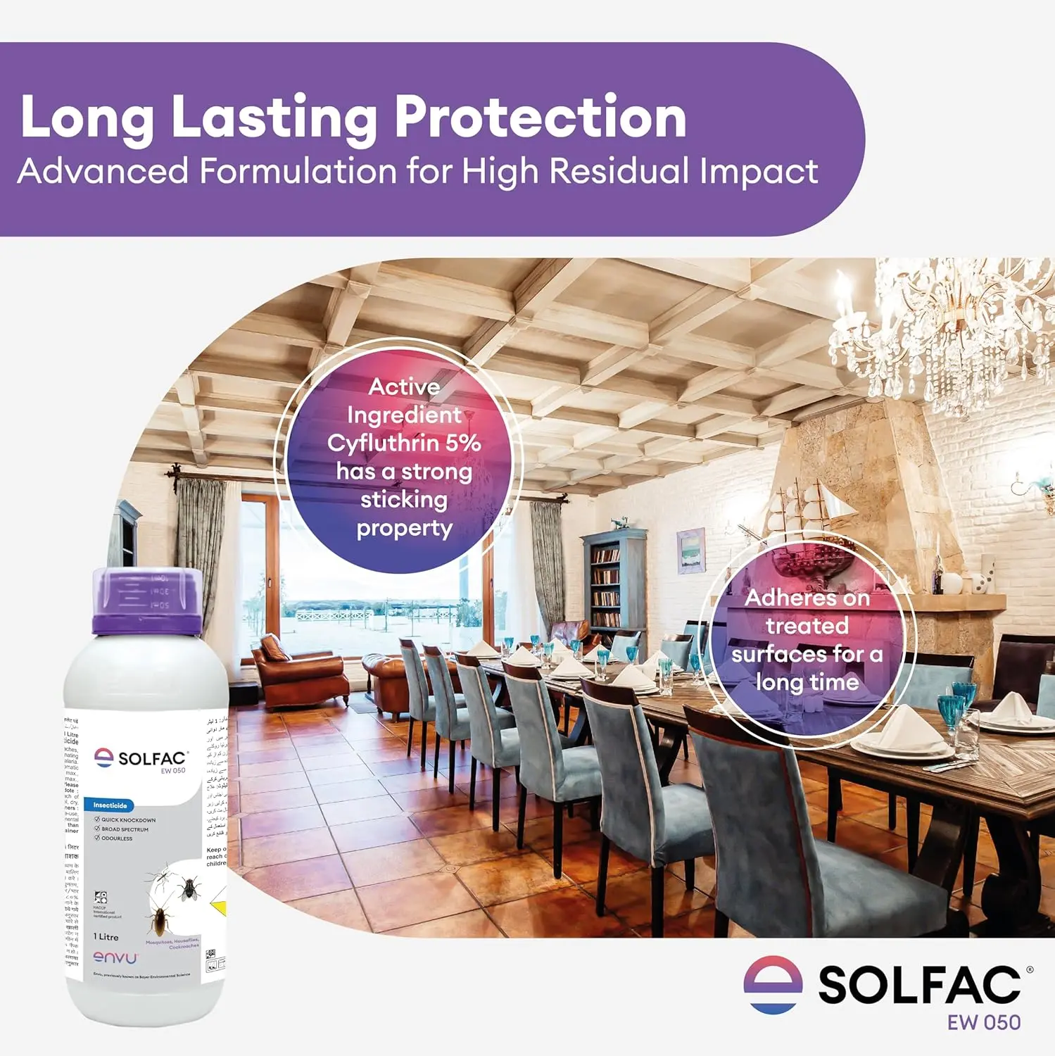 Solfac EW 050 1 Ltr Pack of 2 | Anti Larva Solution for Mosquito, Cockroach & Housefly Control | Cyfluthrin 5% EW Odorless Long Lasting Insecticide