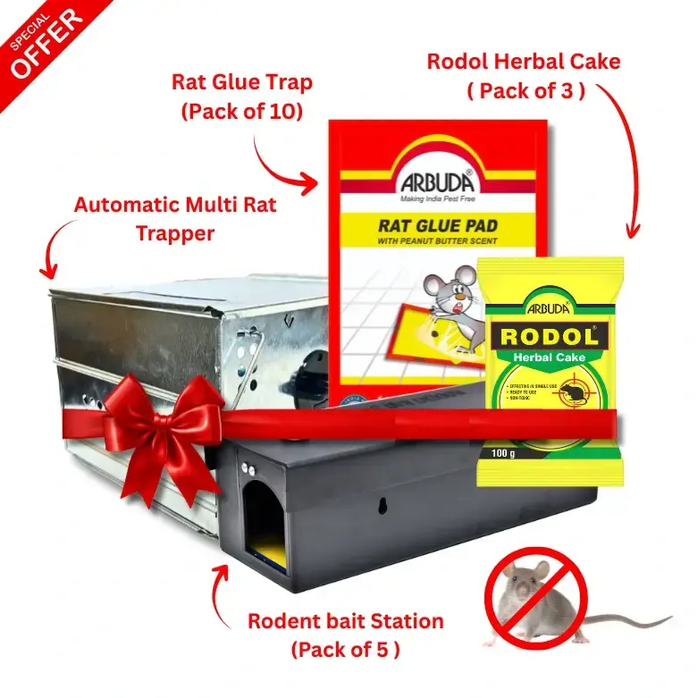 Plastic Rodent Bait Station (Pack of 5) + Small Rat Glue Pads (Pack of 10) + Rodol Herbal Cake 100 gm (3 Qty) + 1 Automatic Multi Rat Trapper