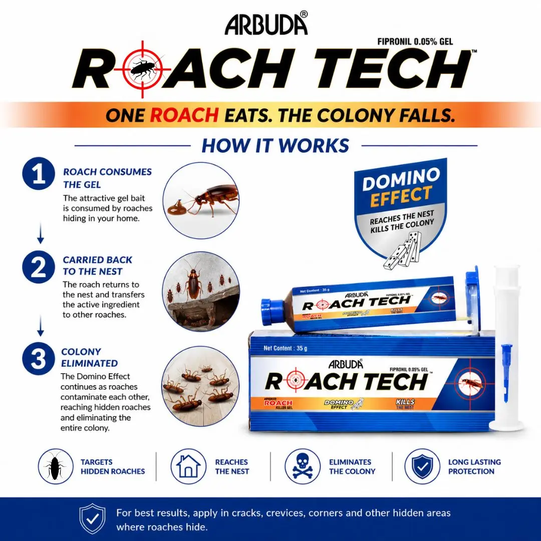 Roach Tech Cockroach Killer Gel Fipronil 0.05% (Pack of 5 × 35g) + Free Falcon FWT-204 Steel Garden Trowel | Long-Lasting Roach Control