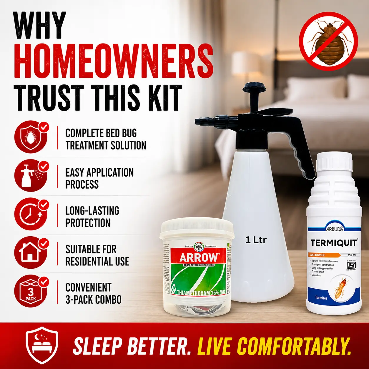 Bedbugs Control Kit for Home | Bed Bug Killer Combo with Arrow Thiamethoxam 25% WG, Termiquit Imidacloprid 30.5% SC & 1 Litre Pressure Sprayer | Complete Bed Bug Treatment Solution