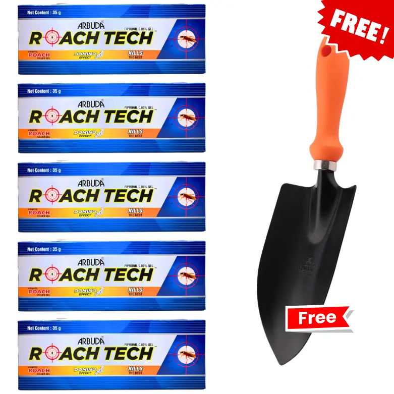 Roach Tech Cockroach Killer Gel Fipronil 0.05% (Pack of 5 × 35g) + Free Falcon FWT-204 Steel Garden Trowel | Long-Lasting Roach Control