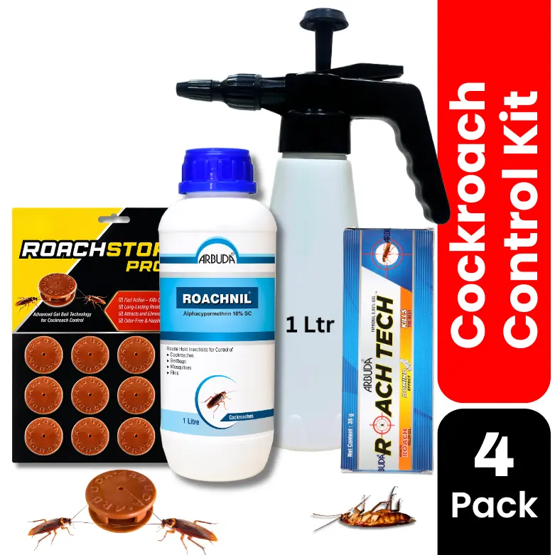 Complete Cockroach Control Kit for Home | ROACH STOP Pro Bait Station + Roach Tech Gel + Roachnil pesticide + 1 Litre Sprayer Pump