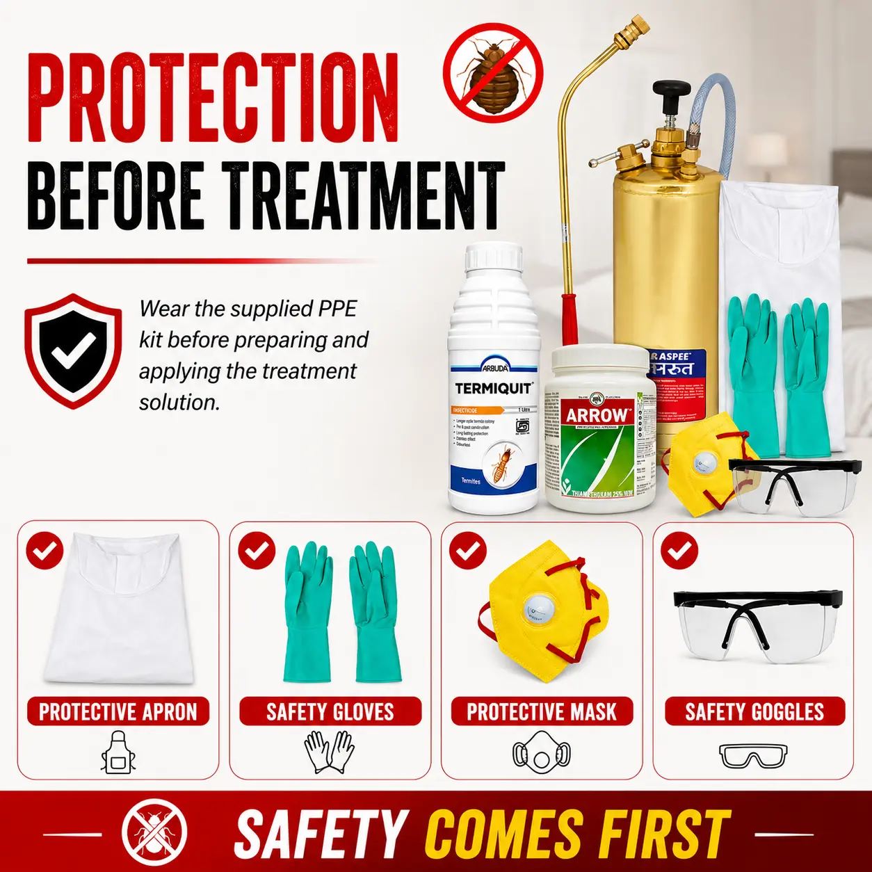 Bed Bugs Control Kit for Office & Factory with PPE Kit | Bed Bug Killer Combo with Arrow 25% WG 500g, Termiquit 30.5% SC 1L & 3.5L Marut Brass Pump