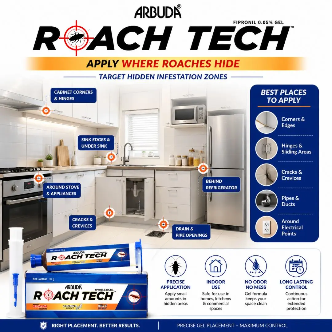 Roach Tech Cockroach Killer Gel Fipronil 0.05% (Pack of 5 × 35g) + Free Falcon FWT-204 Steel Garden Trowel | Long-Lasting Roach Control