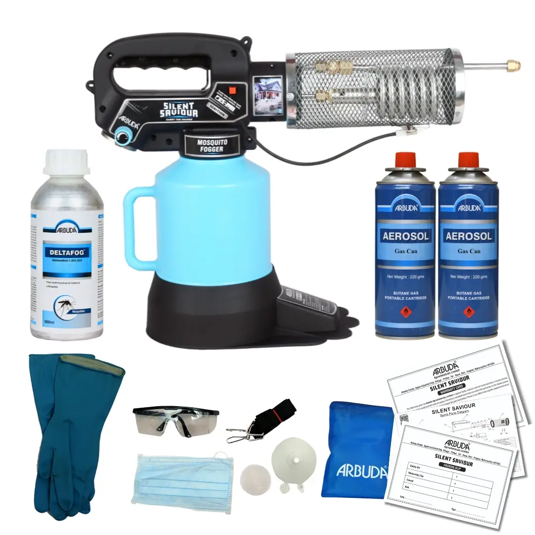 Silent Saviour- Zero Maintenance Heavy Duty Mini Fogging Machine with 2 Gas Cans and 1 Mosquito killer Fogging Liquid & Pesticide, Portable Fogger  (2 LTR Tank) | Effective Fogging With Extra Dense Fog | Effective Fogging With Extra Dense Fog