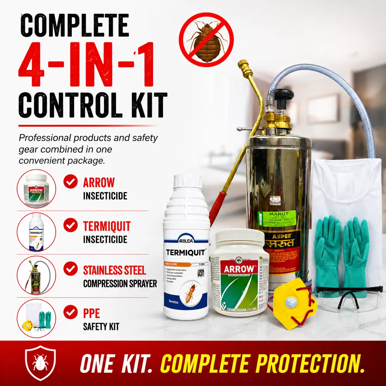 Bed Bugs Control Kit for Office & Factory with PPE Kit | Arrow 25% WG 500g, Termiquit 30.5% SC 1L & Aspee Marut 3.5L Stainless Steel Sprayer