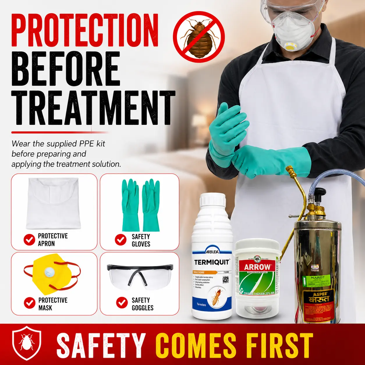 Bed Bugs Control Kit for Office & Factory with PPE Kit | Arrow 25% WG 500g, Termiquit 30.5% SC 1L & Aspee Marut 3.5L Stainless Steel Sprayer