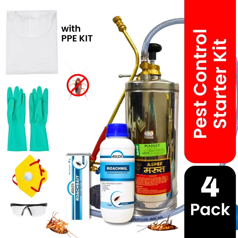 Pest Control Starter Kit with PPE Kit | Aspee Marut 3.5L Stainless Steel Sprayer + Roachnil Insecticide 1L + Roachbait Gel 35gm | Complete Cockroach Control Combo