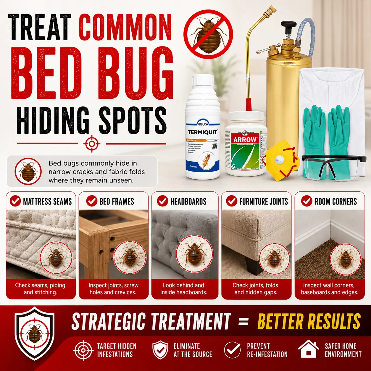 Bed Bugs Control Kit for Office & Factory with PPE Kit | Bed Bug Killer Combo with Arrow 25% WG 500g, Termiquit 30.5% SC 1L & 3.5L Marut Brass Pump