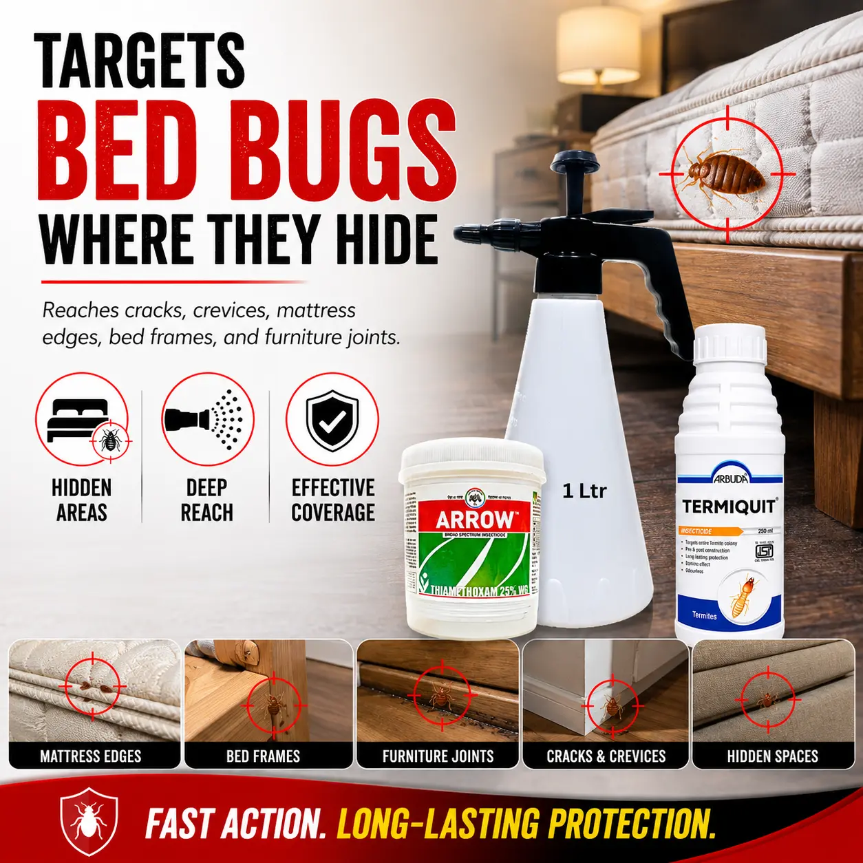 Bedbugs Control Kit for Home | Bed Bug Killer Combo with Arrow Thiamethoxam 25% WG, Termiquit Imidacloprid 30.5% SC & 1 Litre Pressure Sprayer | Complete Bed Bug Treatment Solution