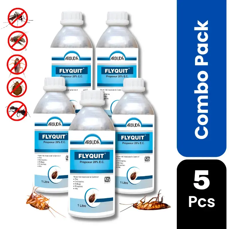 Flyquit Insecticide Pack of 5 | Propoxur 20% EC for Cockroach, Bedbug, Fly & Mosquito Control | Fast Knockdown Pest Control Solution