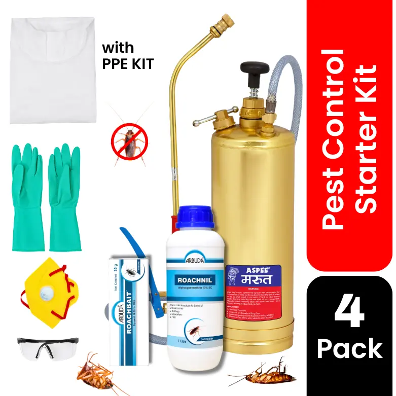 Pest Control Starter Kit with PPE kit | Aspee Marut Brass Pump 3.5 Ltr + Roachnil Insecticide 1 Ltr + Roachbait Gel 35 gm | Complete Cockroach Control Combo